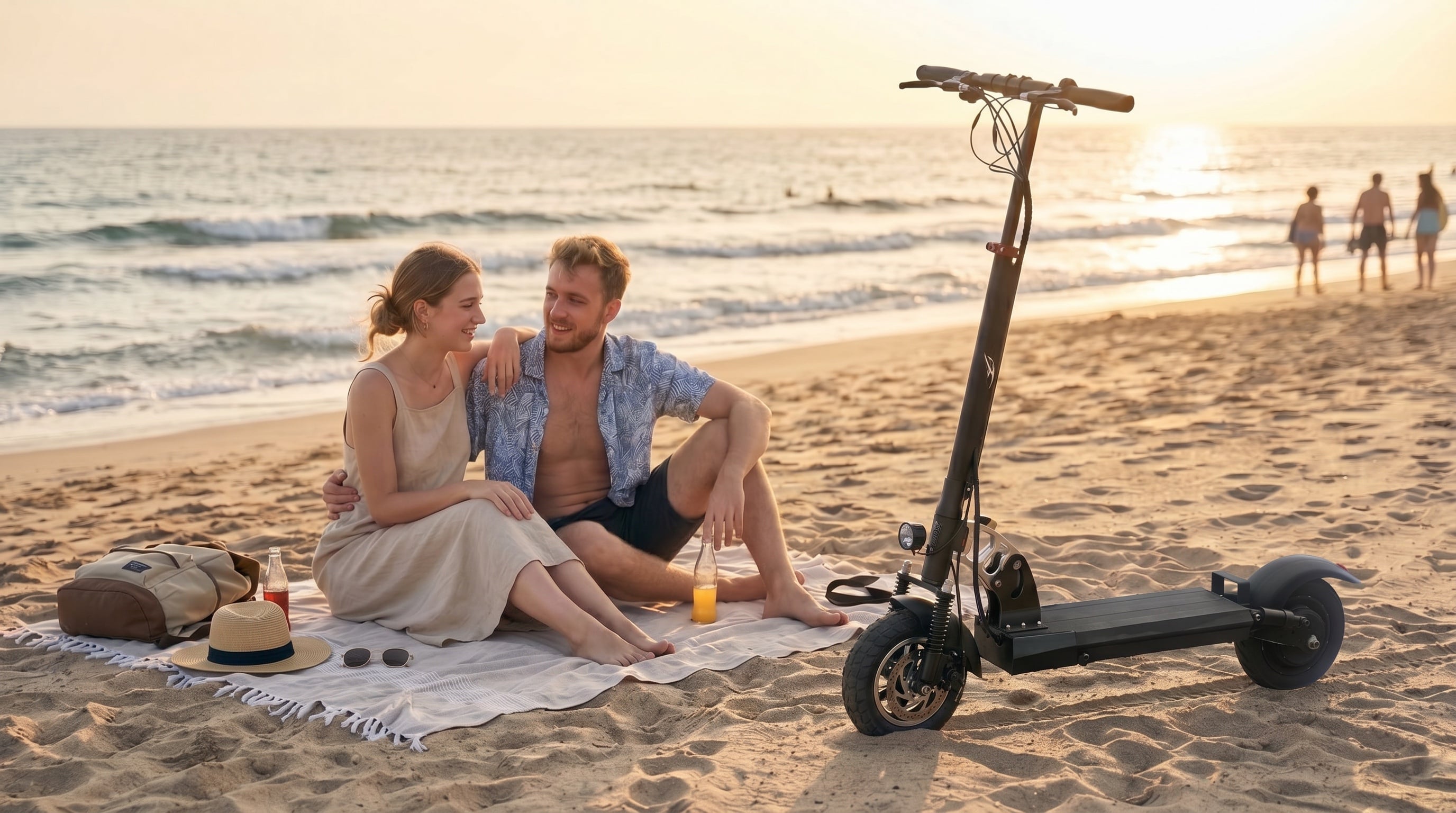 Couple sharing a beach picnic at sunset with an F1 electric scooter parked next to them